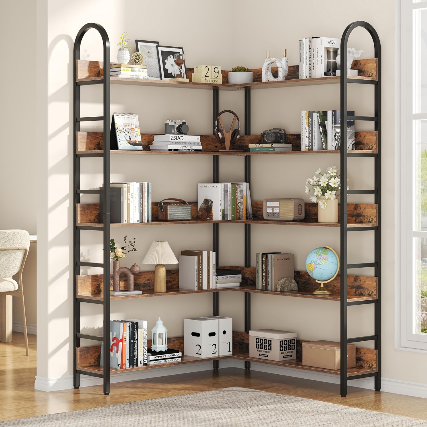 Home Office Industrial Style - Étagère d'angle haute, bibliothèque industrielle robuste,